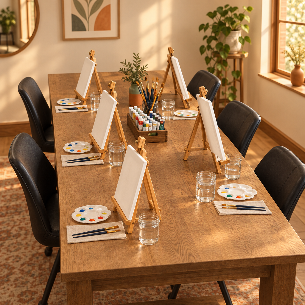 Cosy group painting workshop with tabletop easels